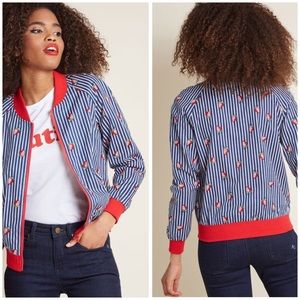 MODCLOTH Navy Bomber Jacket Strawberry Pattern M